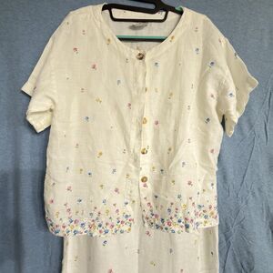 Vtg C.C. Collection Women’s Medium White 100% Linen Floral Dress Jacket Set USA